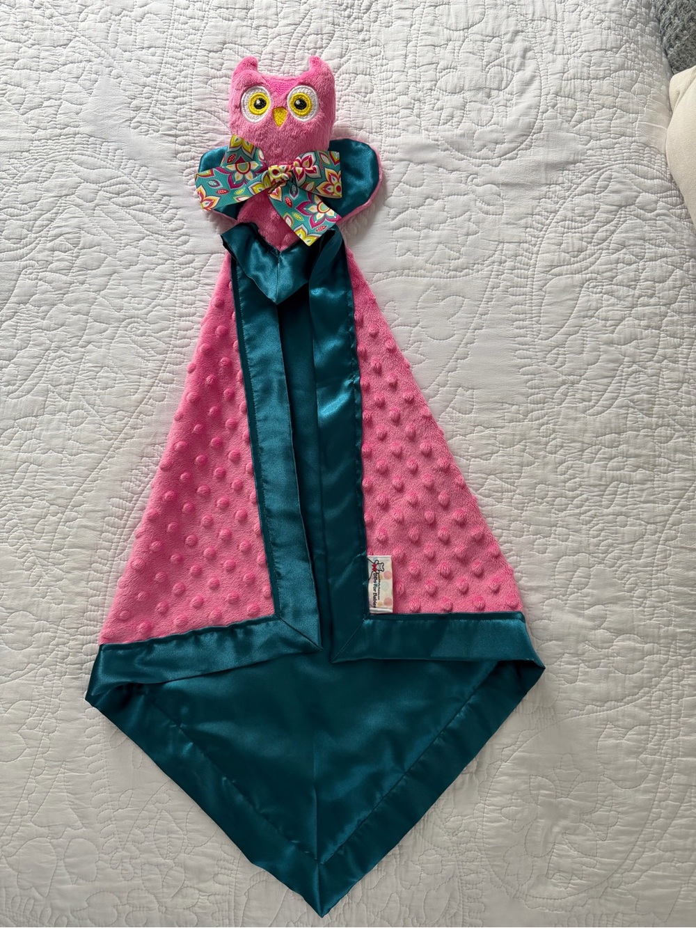 Pink Owl Security Blanket for Kids with Teal Satin Trim